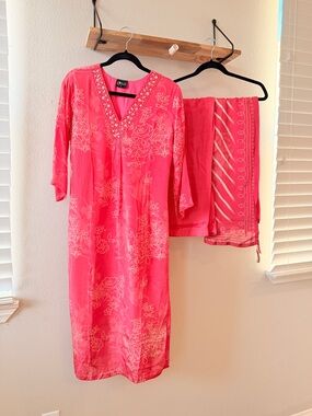 Embroidered V-Neck Pink Tunic with nice dupatta (pure silk ) super soft